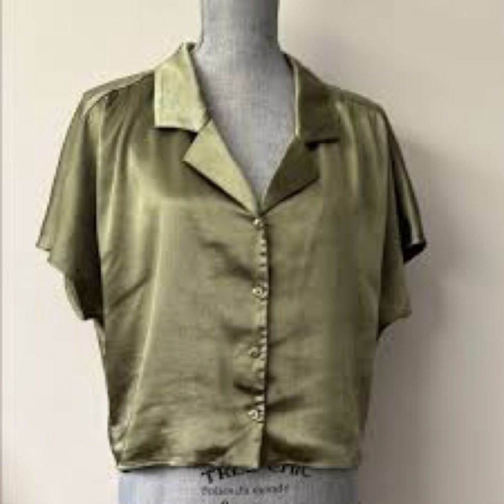 Cream Satin Short Sleeve Button-Front Women's Top